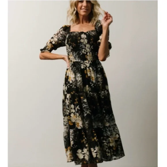 Baltic Born Fabian Jacquard Black Floral Midi Dress - Picture 1 of 5